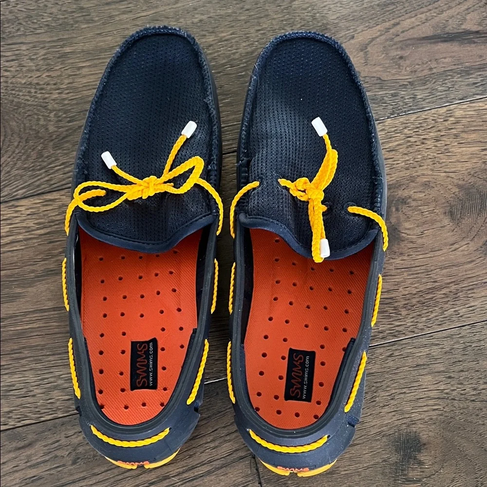 Swims Navy Boat Shoes with Bright Yellow Laces